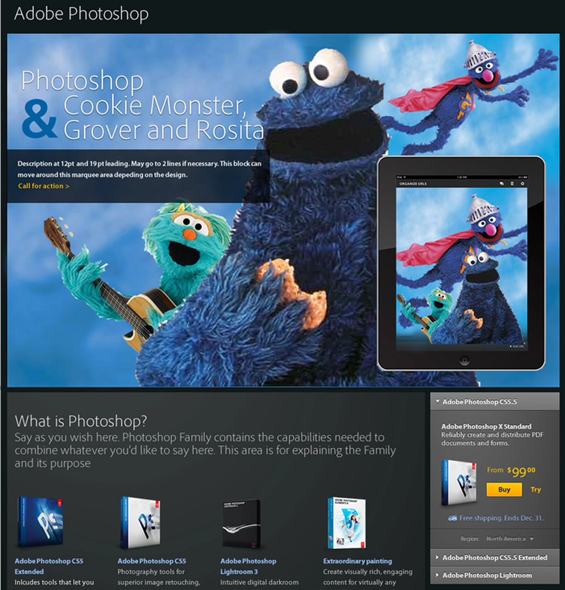 Photoshop Family Pages running Adobe & campaign featuring all blue color characters