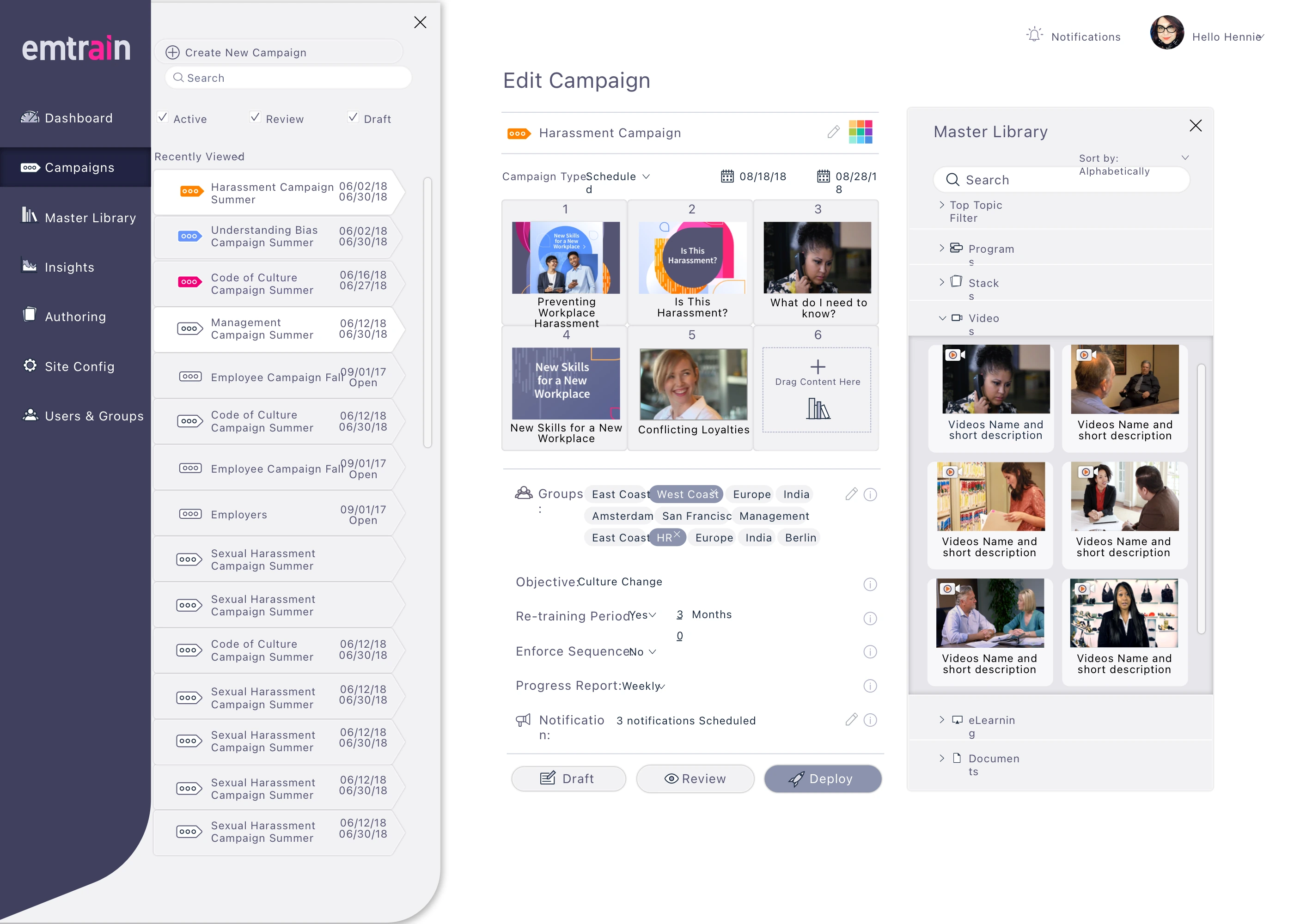 Emtrain Platform, admin view, campaign management