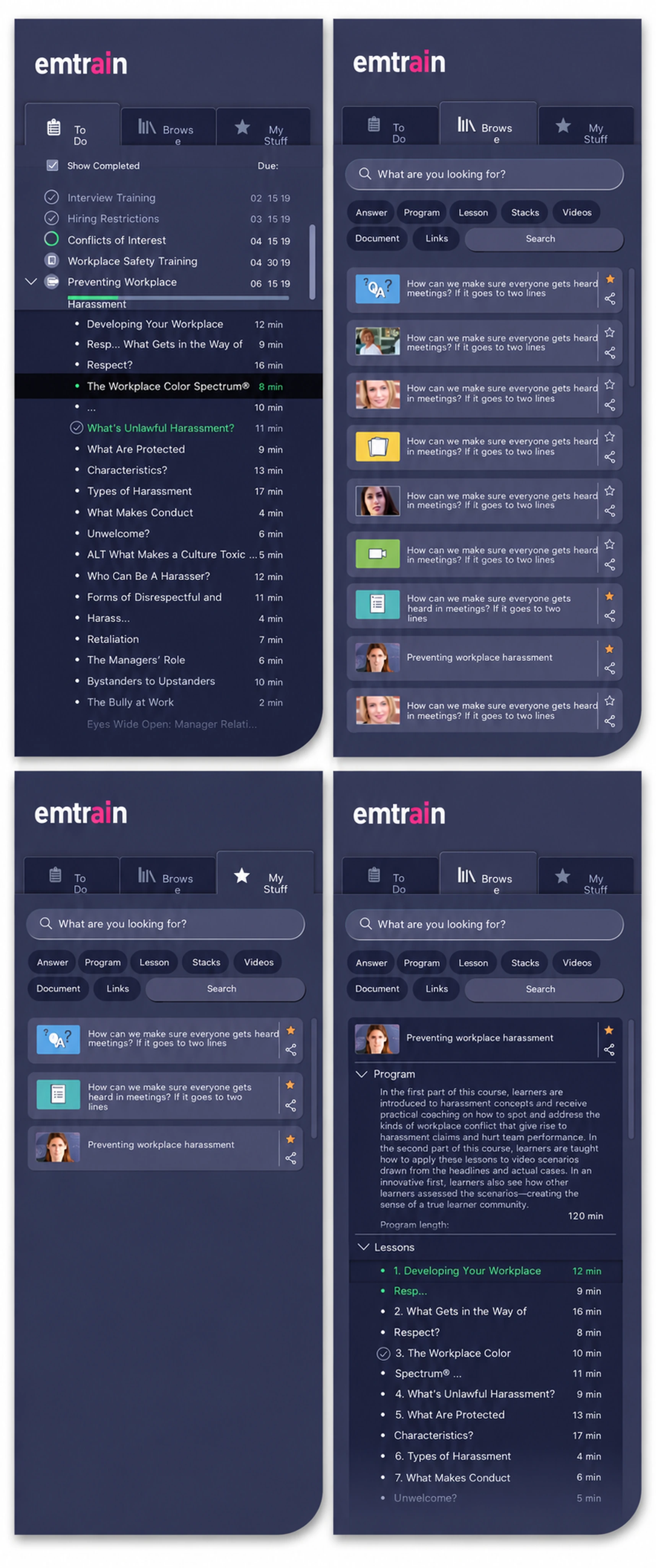 Emtrain Platform, learner's todo list, browse and my stuff tabs