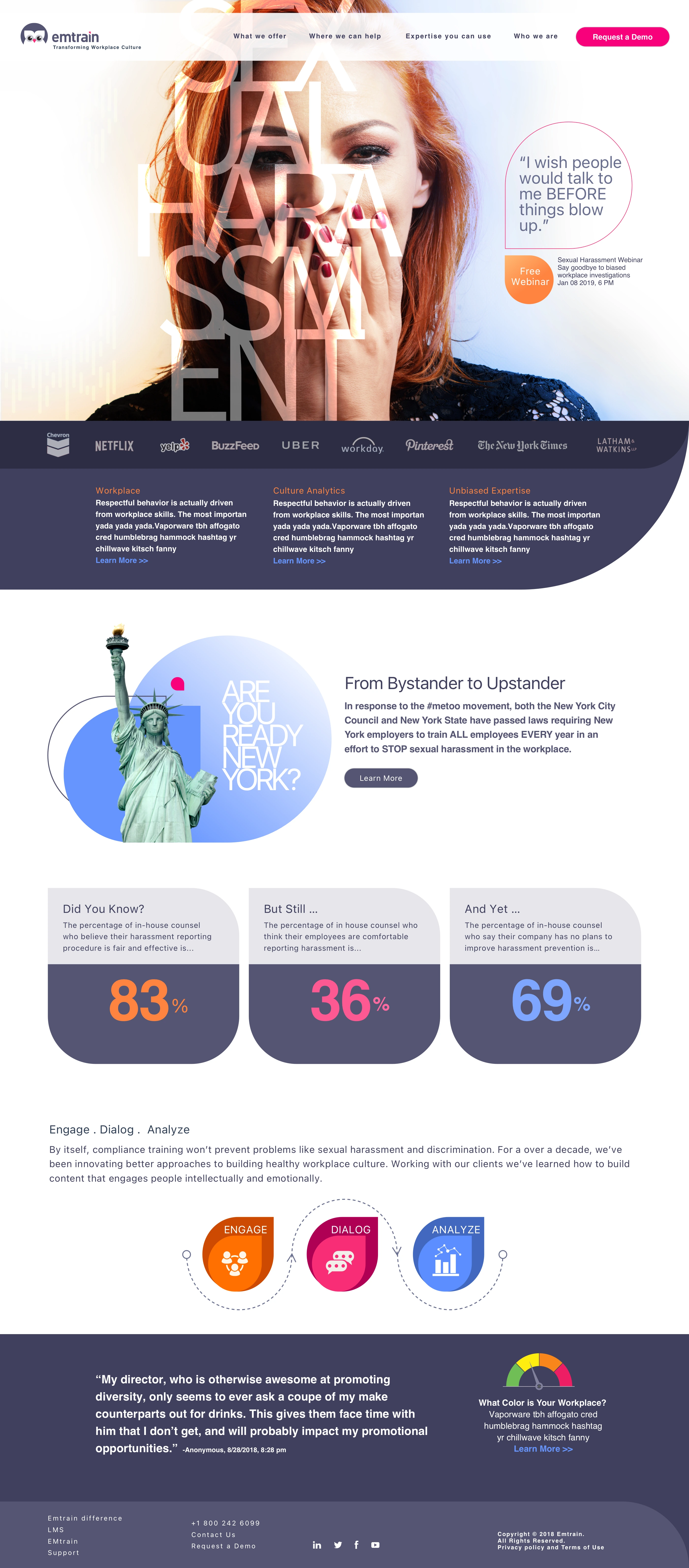 Emtrain.com homepage focusing on sexual harassment